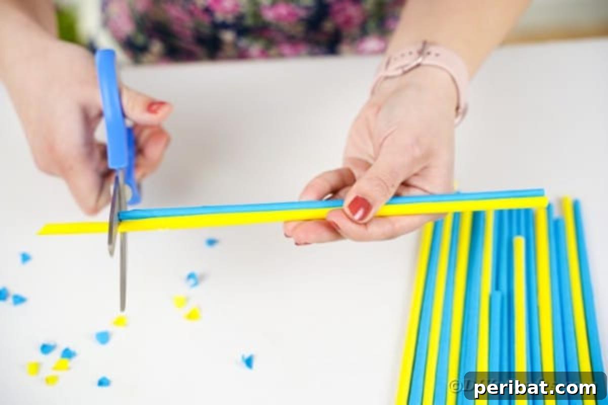 Using one trimmed straw as a guide for others