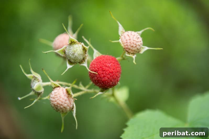 Homegrown Delights: Easy Berry Bushes for a Sweet Harvest 22 Red thimbleberries, flattened and fuzzy, on a green leaf.