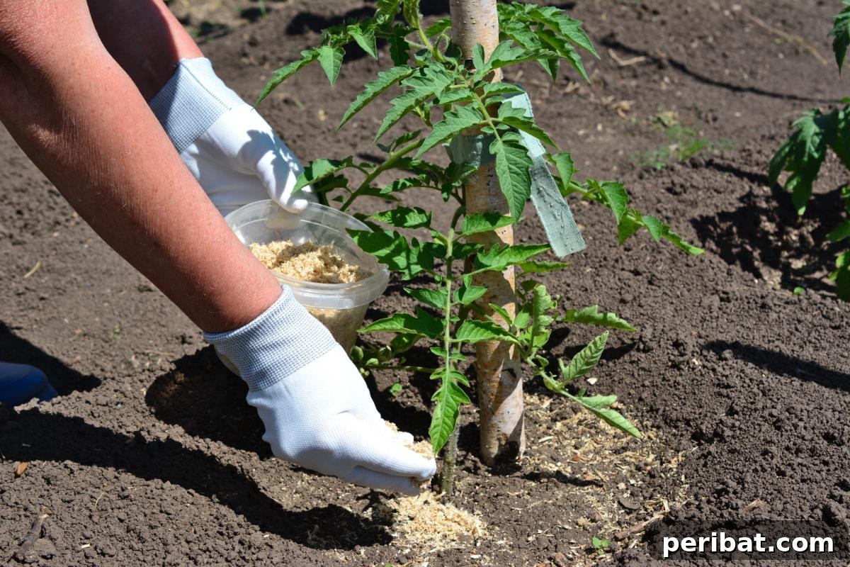 The 15 Biggest Tomato Gardening Errors Almost Everyone Commits 11 A gardener is adding a fertilizer to tomato plants.
