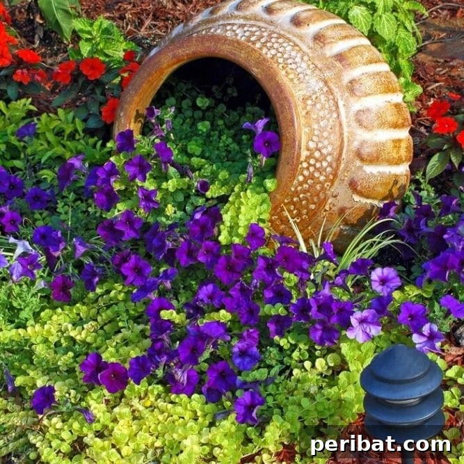 Cascading Flower Pot Art for Stunning Garden Decor 2 Vibrant purple flowers overflowing from a rustic pot onto a green lawn, creating a stunning visual effect.