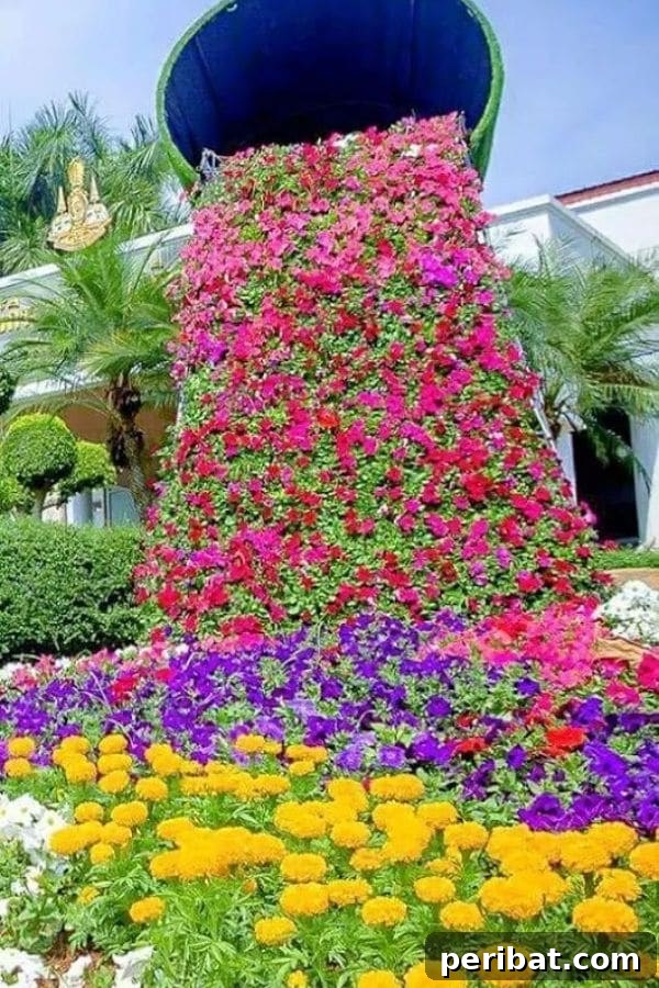 Cascading Flower Pot Art for Stunning Garden Decor 11 An elevated bucket garden displaying a magnificent waterfall of colorful flowers in rainbow hues, cascading vibrantly.