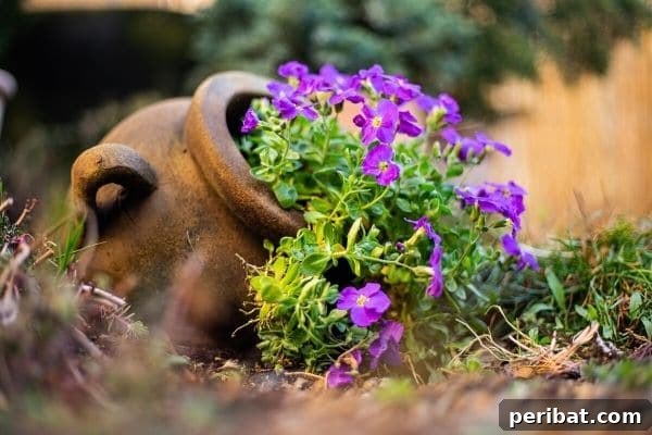 Cascading Flower Pot Art for Stunning Garden Decor 12 A simple, rustic water bucket leaning on the ground, with beautiful purple flowers gently flowing outwards, creating a natural and understated spilled effect.