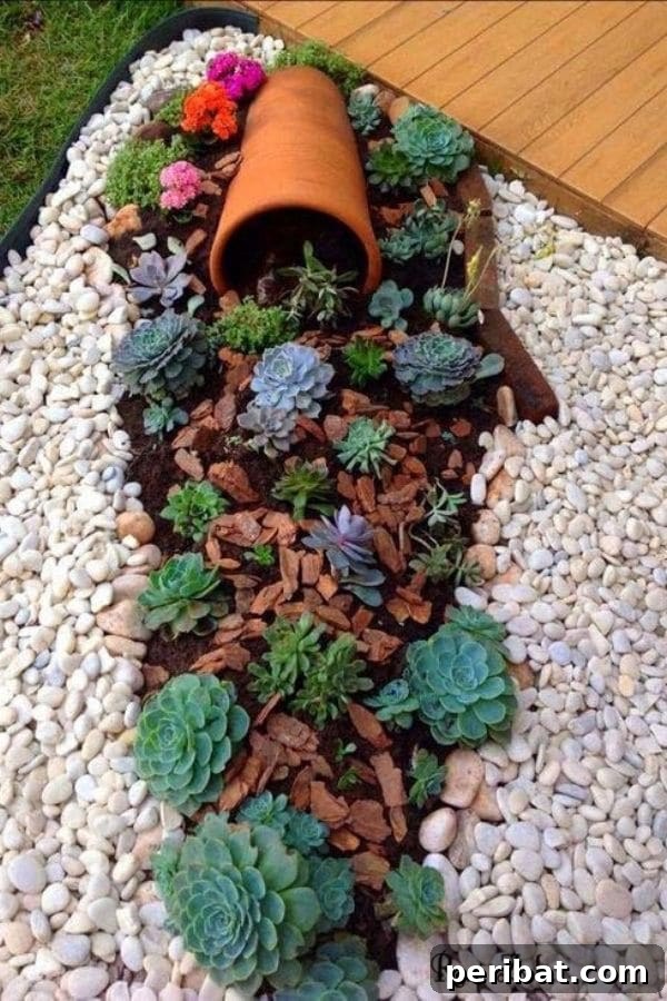 Cascading Flower Pot Art for Stunning Garden Decor 13 A charming small garden featuring a terra cotta pot spilling a diverse array of succulents and delicate flowers onto a bed of crisp white pebbles and mulch.