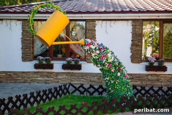 Cascading Flower Pot Art for Stunning Garden Decor 14 An astonishing visual where a large watering can appears suspended in mid-air, seemingly pouring a continuous stream of flowers and vines downwards, creating a magical garden feature.