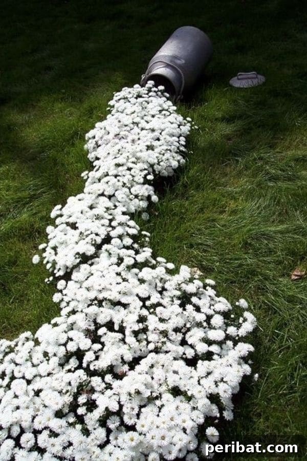 Cascading Flower Pot Art for Stunning Garden Decor 15 A large silver milk can tipped over in a yard, with delicate white flowers flowing outwards, creating the whimsical illusion of spilled milk.