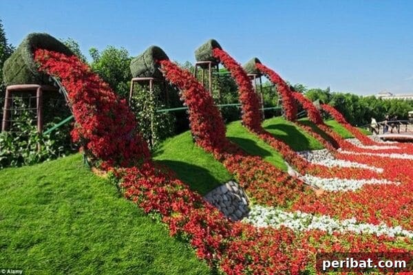 Cascading Flower Pot Art for Stunning Garden Decor 16 A magnificent garden display in Dubai featuring vibrant red flowers cascading from green 'barrels' like a dramatic waterfall or a dam unlocking its bountiful floral harvest.