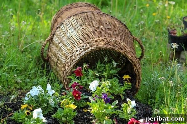 Cascading Flower Pot Art for Stunning Garden Decor 17 A large wicker basket partially filled with earth, from which a vibrant array of colorful flowers gracefully tumbles out in a simple, charming style.
