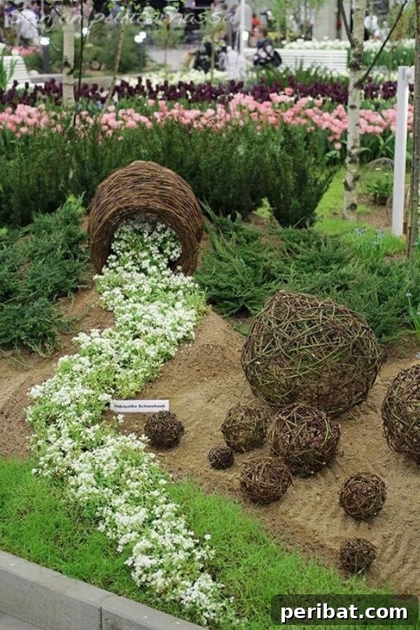 Cascading Flower Pot Art for Stunning Garden Decor 22 A rustic wicker barrel or wooden ball planter filled with white and green flowers, artfully arranged to spill outwards, creating a simple yet beautiful floral waterfall.