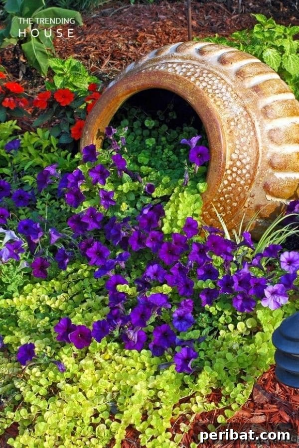Cascading Flower Pot Art for Stunning Garden Decor 23 A rustic ceramic pot surrounded by lush green ground cover with vibrant pops of purple and red flowers, creating a beautiful, imperfect, and appealing garden design for small areas.