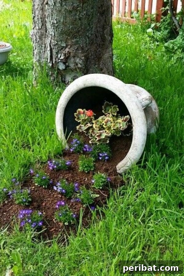 Cascading Flower Pot Art for Stunning Garden Decor 24 A graceful white urn positioned beside a tree, from which purple flowers gently spill, surrounded by green grass, creating an elegant and space-saving garden feature.