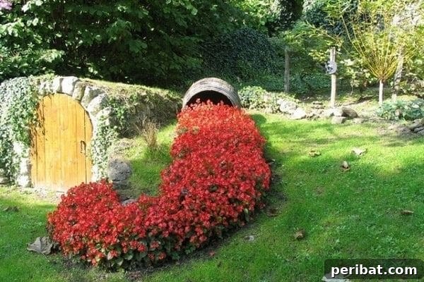 Cascading Flower Pot Art for Stunning Garden Decor 5 A rustic rain barrel spilling a vibrant river of red flowers down a gentle slope next to a unique rock wall, reminiscent of a hobbit home.