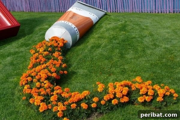 Cascading Flower Pot Art for Stunning Garden Decor 6 A creative garden display featuring a custom-made paint tube sculpture from which bright orange marigolds appear to be spilling onto a flower bed.