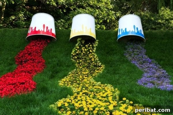 Cascading Flower Pot Art for Stunning Garden Decor 7 Plain flower pots painted with vibrant 'drips' of red, yellow, and blue paint, overflowing with matching colored flowers, creating a whimsical and artistic garden display.