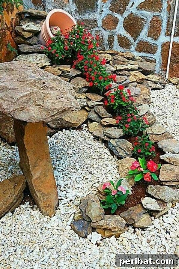 Cascading Flower Pot Art for Stunning Garden Decor 9 A striking cascade of red flowers emerging from a rock wall, creating the illusion of a vibrant red river flowing through the landscape.