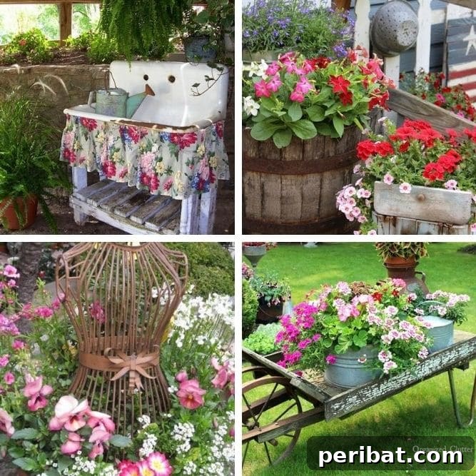 32 DIY Vintage Garden Crafts to Add Rustic Charm 2 Vintage garden decor collage photo featuring several items from the collection, showcasing repurposed items like buckets, chairs, and rustic elements.