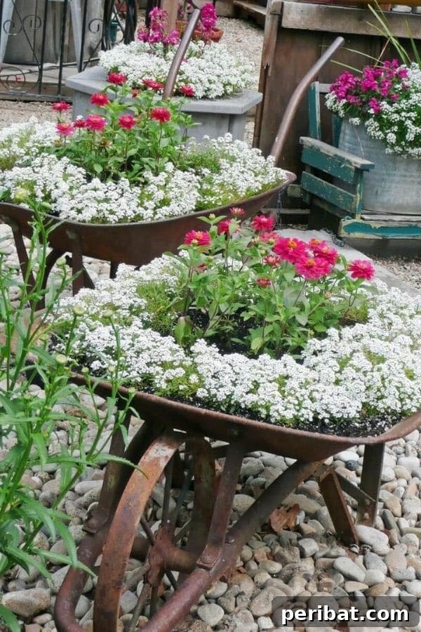 32 DIY Vintage Garden Crafts to Add Rustic Charm 11 A rusty antique metal wheelbarrow overflowing with beautiful white and pink flowers, creating a vibrant garden display.