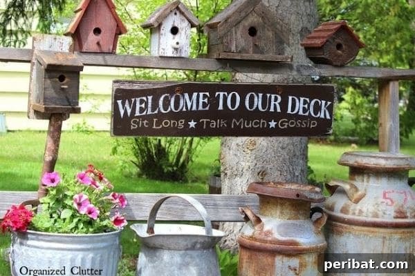 32 DIY Vintage Garden Crafts to Add Rustic Charm 12 A display of classic old wooden birdhouses and slightly rusty milk jugs, creating rustic garden accents on a shelf.