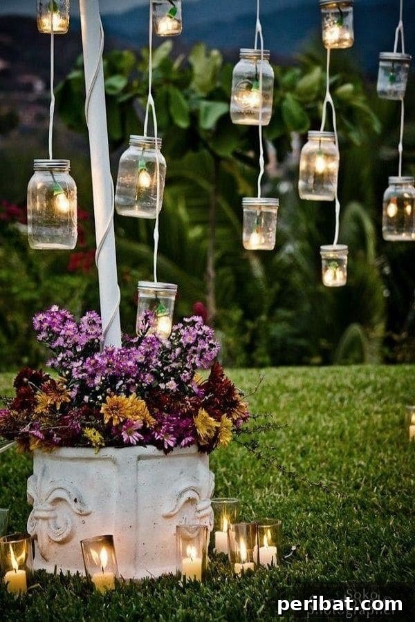 32 DIY Vintage Garden Crafts to Add Rustic Charm 14 Mason jars containing fairy lights, hung in a garden to create a magical, ambient lighting effect.
