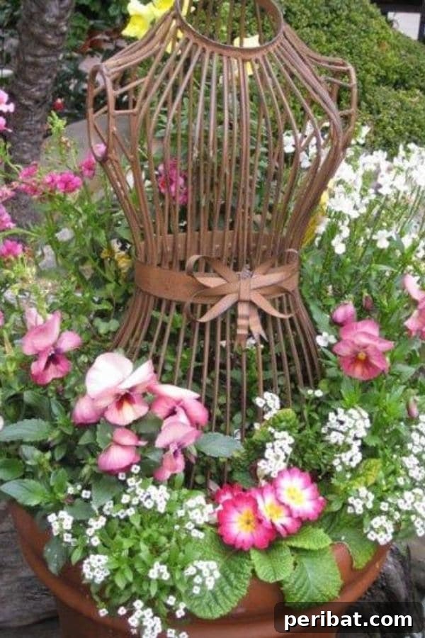 32 DIY Vintage Garden Crafts to Add Rustic Charm 15 A vintage wire mannequin sculpture integrated into a garden planter, adorned with wildflowers for a whimsical effect.