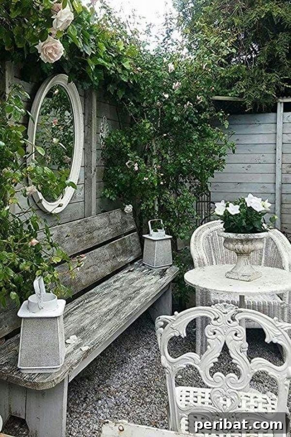 32 DIY Vintage Garden Crafts to Add Rustic Charm 18 A charming vintage French picnic setup in a garden, featuring a white table, mismatched chairs, and romantic accents.