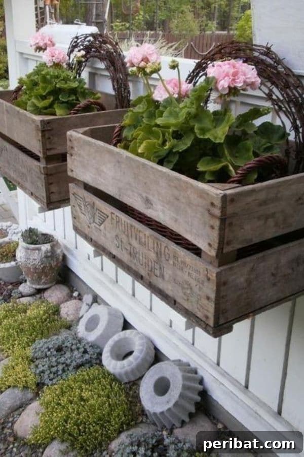 32 DIY Vintage Garden Crafts to Add Rustic Charm 19 Vintage wooden fruit boxes repurposed as hanging planters on a wall, adorned with flowers and rustic twine.