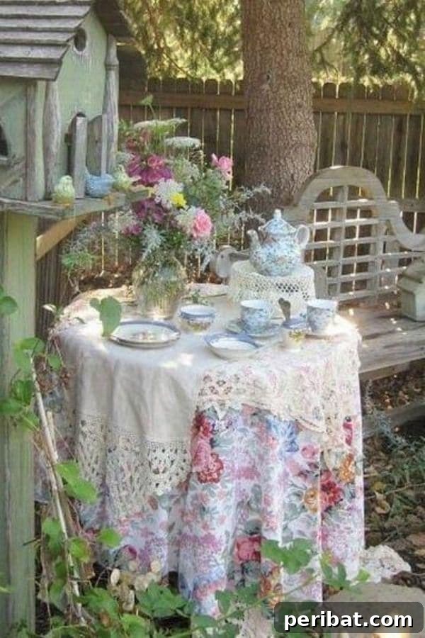 32 DIY Vintage Garden Crafts to Add Rustic Charm 20 A whimsical retro tea party setting in a garden, complete with vintage cloths, a rustic birdhouse, and a wooden bench.