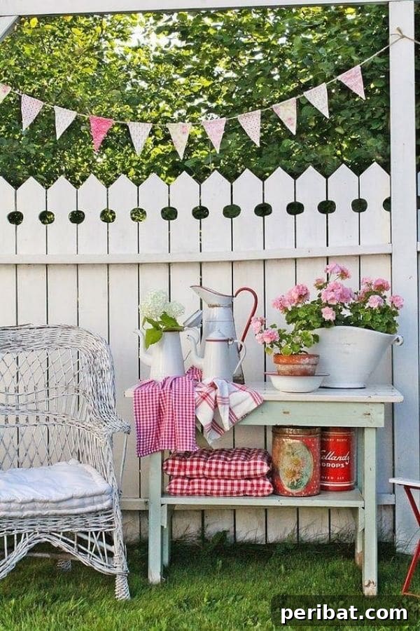 32 DIY Vintage Garden Crafts to Add Rustic Charm 21 A rustic garden bench adorned with vintage water pitchers and kettles, creating a charming display against a fence.