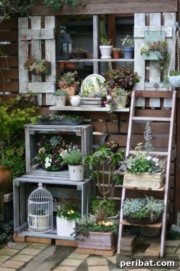 32 DIY Vintage Garden Crafts to Add Rustic Charm 23 A charming stacked garden setup featuring vintage fruit boxes and a small ladder, adorned with antique planters near a window.