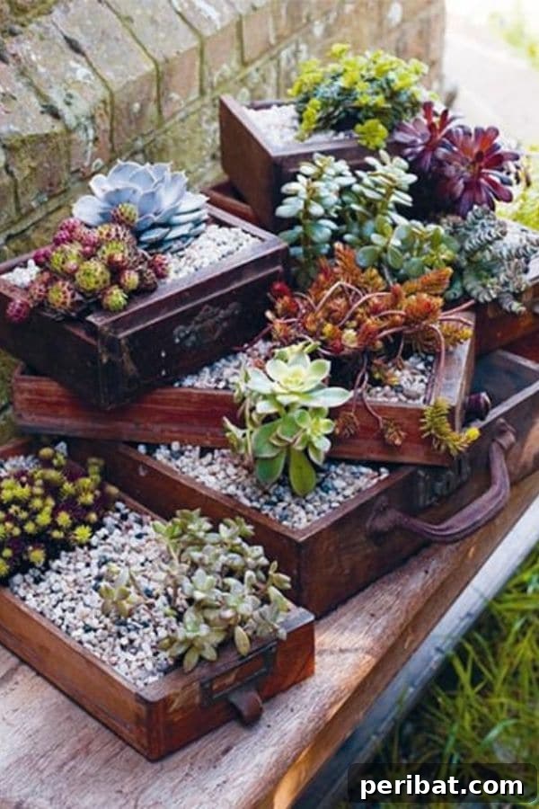 32 DIY Vintage Garden Crafts to Add Rustic Charm 24 An artistic display of old dresser drawers repurposed as planters, overflowing with vibrant succulents and stones.