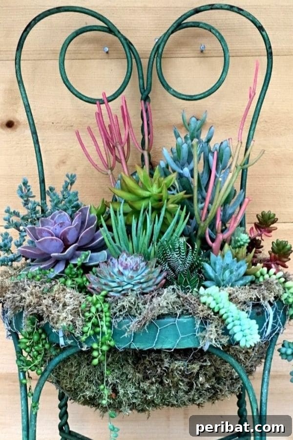 32 DIY Vintage Garden Crafts to Add Rustic Charm 25 An old vintage chair creatively transformed into a succulent garden, with moss and chicken wire securing the plants.