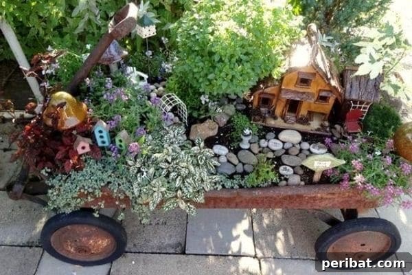 32 DIY Vintage Garden Crafts to Add Rustic Charm 26 A classic red Radio Flyer wagon overflowing with colorful flowers, suggesting a charming and portable garden display.