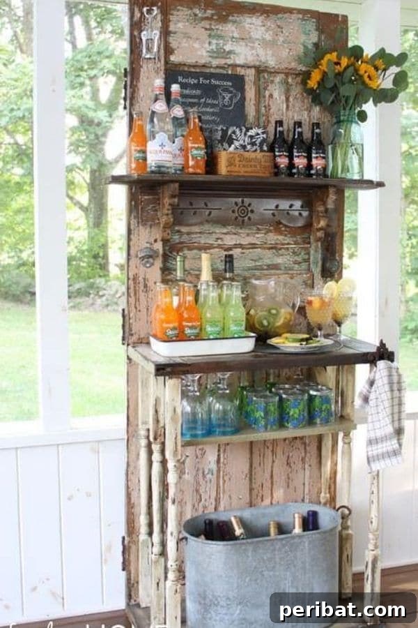 32 DIY Vintage Garden Crafts to Add Rustic Charm 29 An upcycled outdoor bar made from a reclaimed door, a small table, and a shelf, perfect for a vintage garden setting.