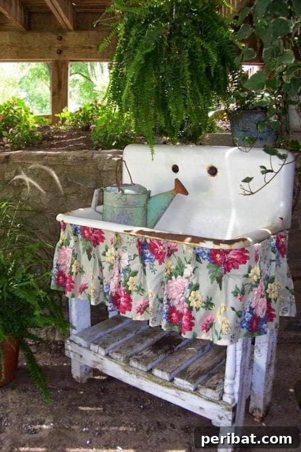 32 DIY Vintage Garden Crafts to Add Rustic Charm 30 An old porcelain sink mounted on a reclaimed wood pedestal, functioning as a unique garden planter and water feature, with a vintage fabric skirt.