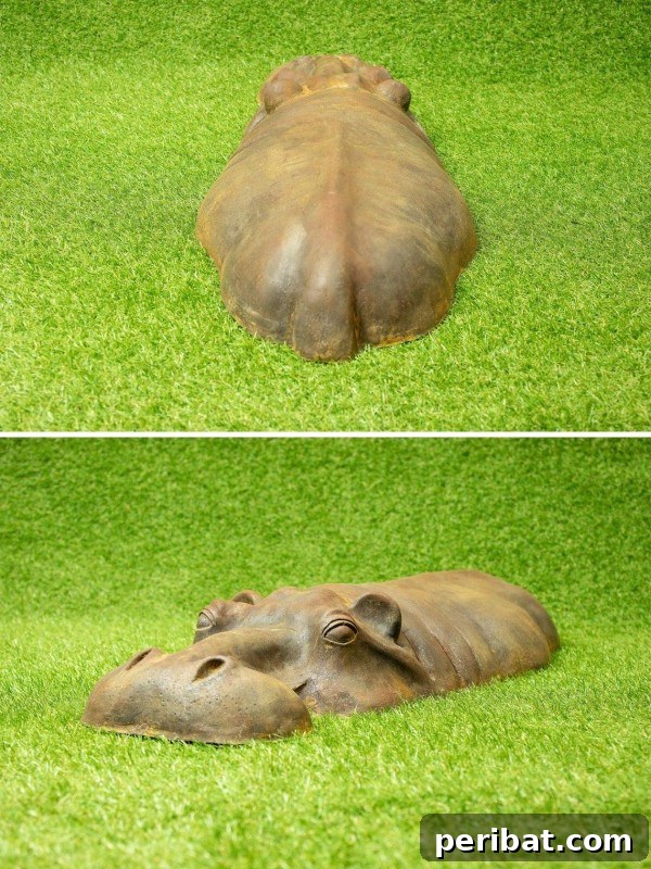 32 DIY Vintage Garden Crafts to Add Rustic Charm 33 A whimsical Rusty Hippo Lawn Art sculpture, adding a playful and unique vintage touch to garden decor.