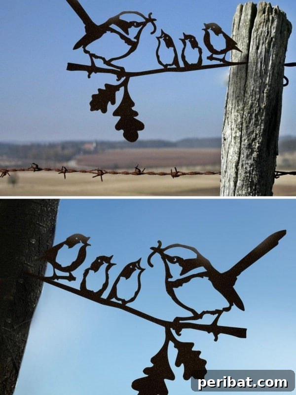 32 DIY Vintage Garden Crafts to Add Rustic Charm 35 A delicate Metal Birds on a Branch sculpture, perfect for adding a natural yet vintage touch to garden walls or fences.
