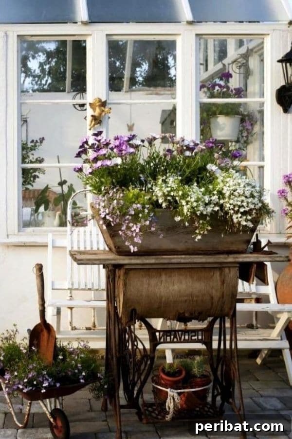 32 DIY Vintage Garden Crafts to Add Rustic Charm 5 An old sewing desk creatively transformed into a multi-level planter, adorned with flowers and greenery.