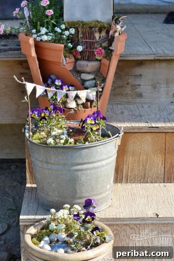 32 DIY Vintage Garden Crafts to Add Rustic Charm 6 Garden steps decorated with various vintage items repurposed as fairy gardens and planters with purple and white flowers.