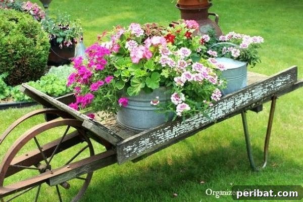 32 DIY Vintage Garden Crafts to Add Rustic Charm 10 An old wooden wheelbarrow creatively used as a display stand for multiple flower pots, including antique barrels and watering cans.