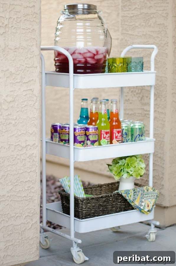 Build Your Best Backyard Bar: 45 DIY Ideas for Effortless Gatherings 16 White rolling drink stand