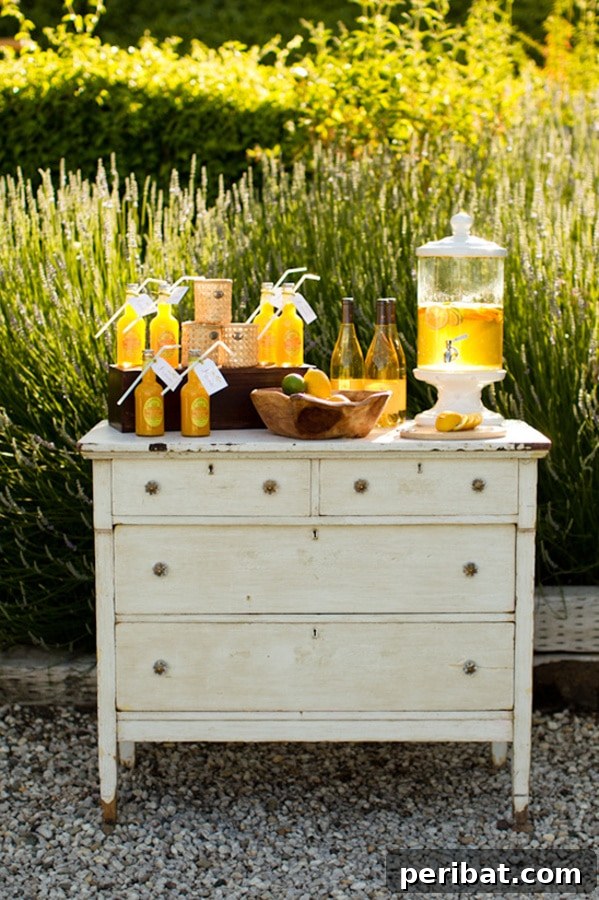 Build Your Best Backyard Bar: 45 DIY Ideas for Effortless Gatherings 39 Cream dresser outdoor bar idea