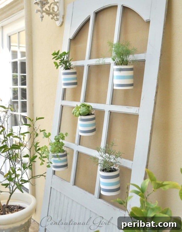 Old door herb garden created from a screen door