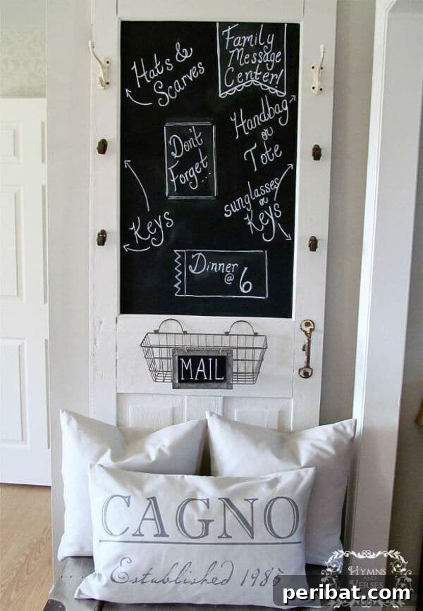 White door message stand made from an old screen door