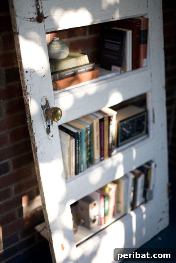 White old door bookshelf with panels converted to shelves