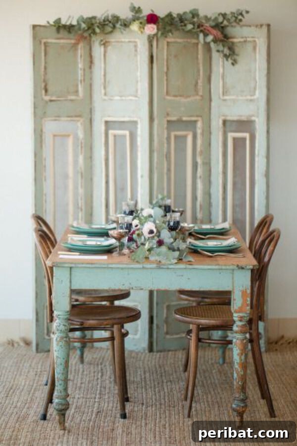 Weathered teal room divider made from slim old doors