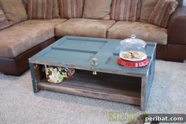 Blue wood door coffee table with open storage