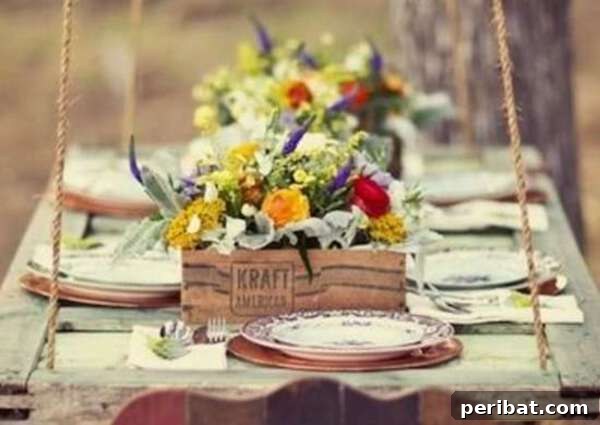 Hanging door table suspended by ropes for outdoor dining