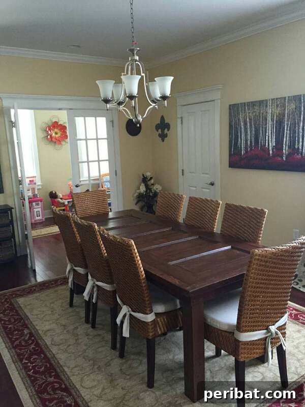 Brown door table used as a dining table with sturdy wooden legs