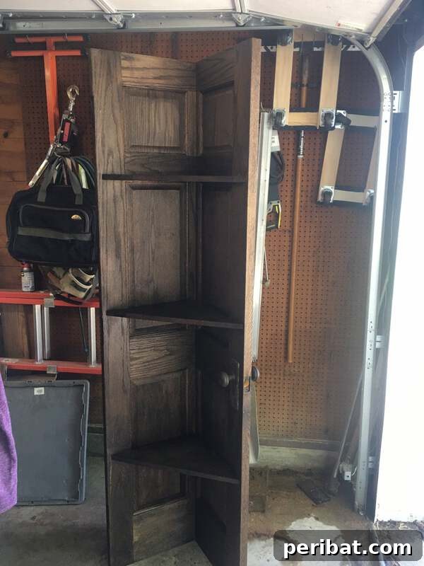 Old door corner stand with multiple shelves