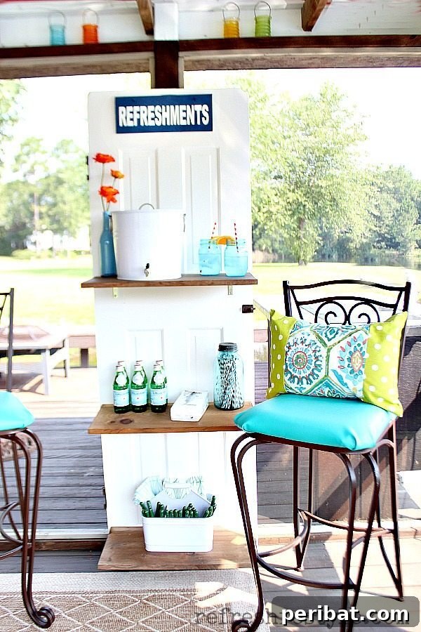 Old door repurposed as a beverage station or bar