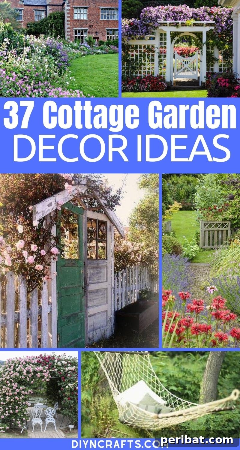 Cottage decor collage featuring various elements like blooming flowers, rustic archways, and charming garden accents